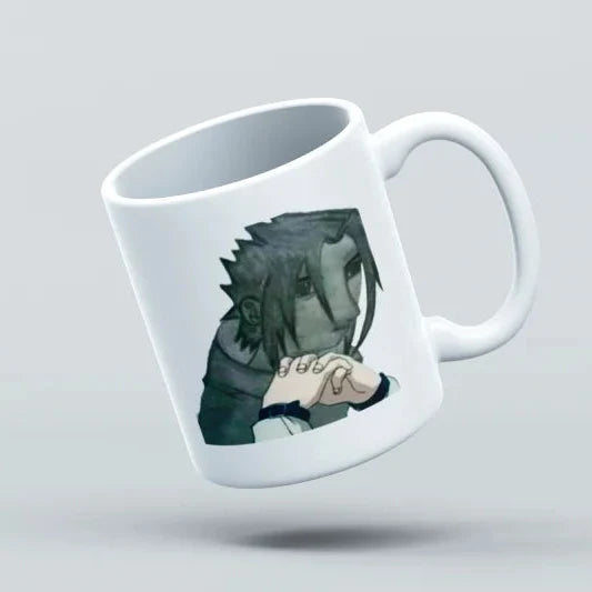 White mug with a graphic design of a character on a light gray background