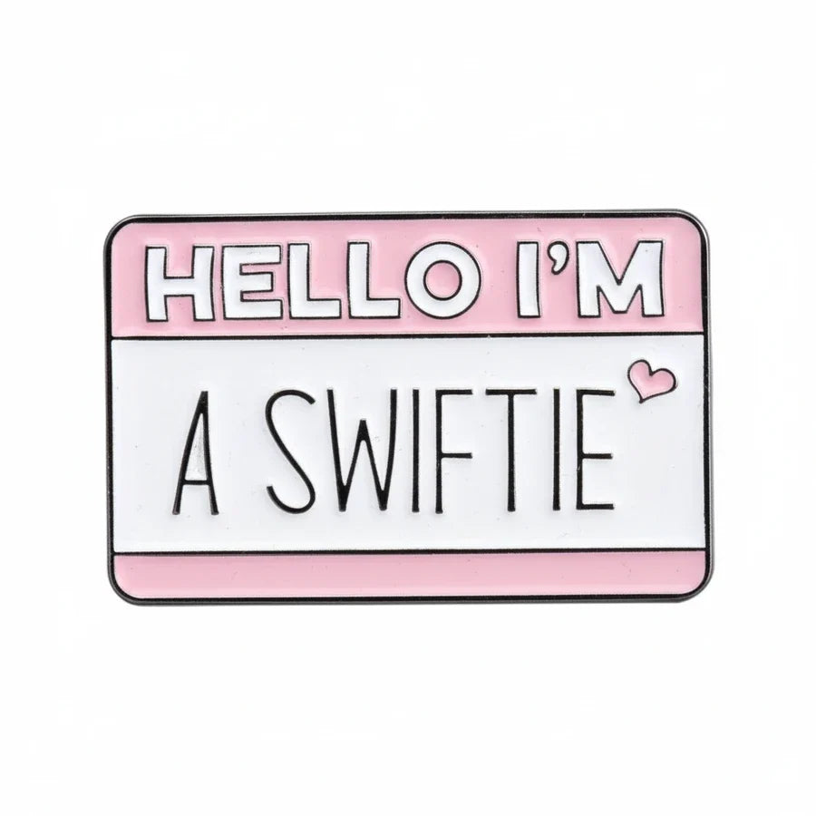 Name tag with 'Hello I'm A Swiftie' text on a pink background