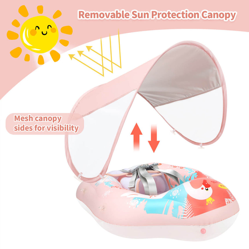 Baby seat with removable sun protection canopy and mesh sides for visibility.