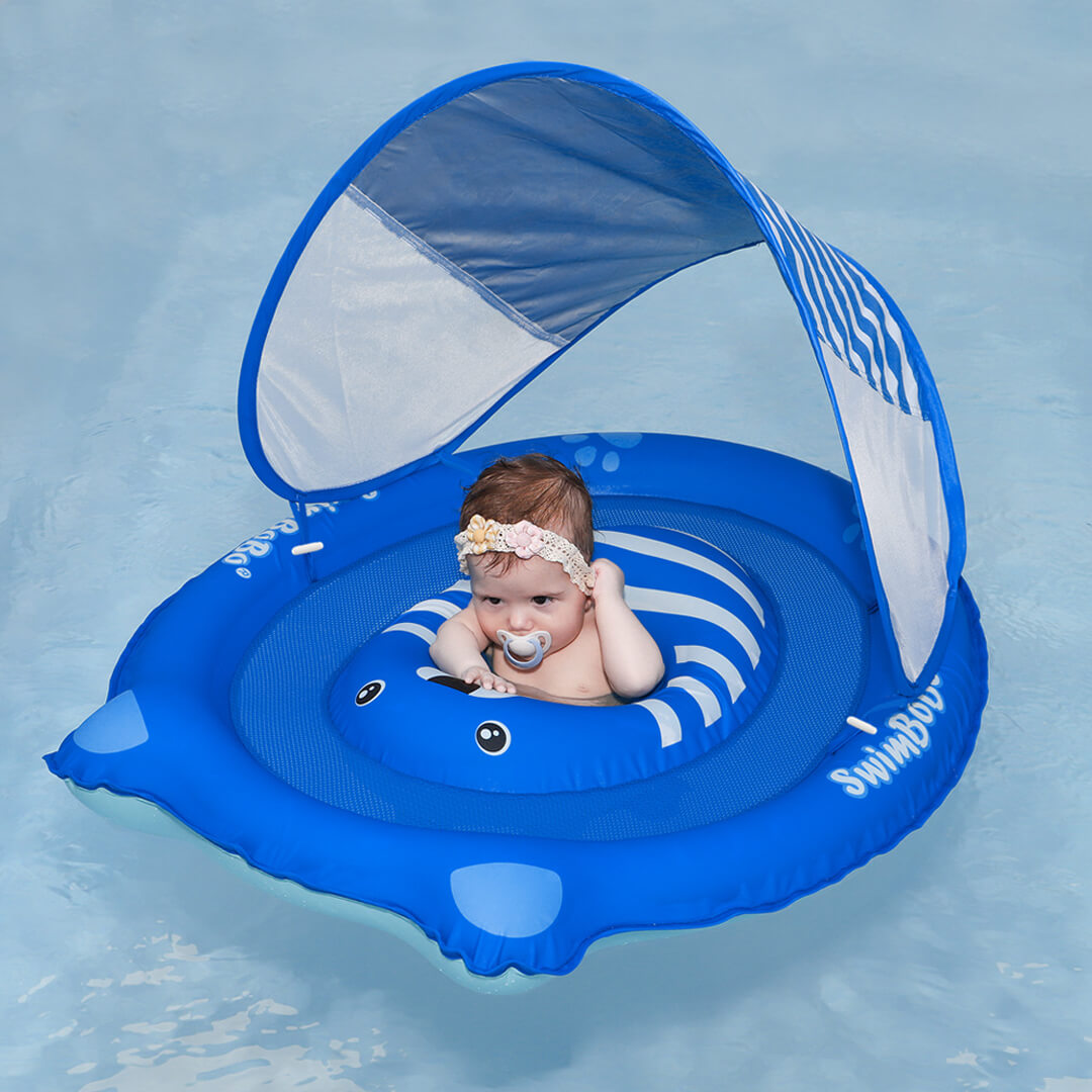 Swimbobo blue bear baby float with canopy for safe pool time