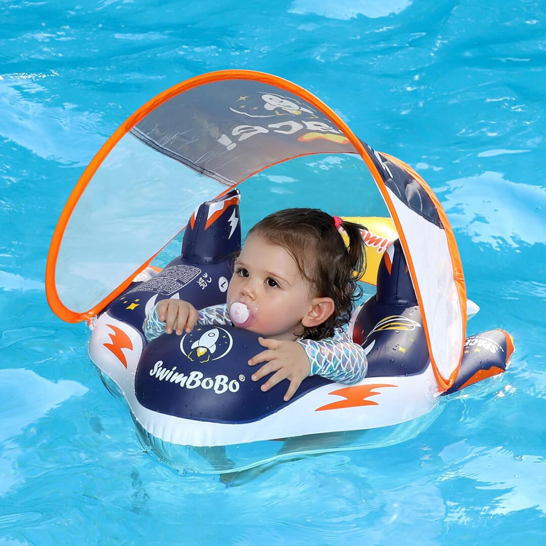 Swimbobo inflatable navy blue spaceship baby swim ring with canopy