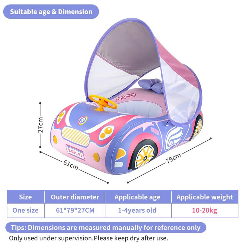 Dimensions of pink car baby swim float with canopy