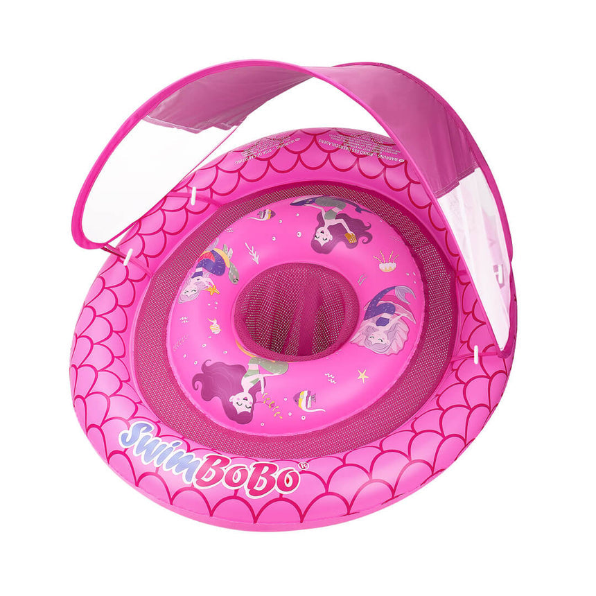 Pink mermaid baby float with canopy for safe pool time