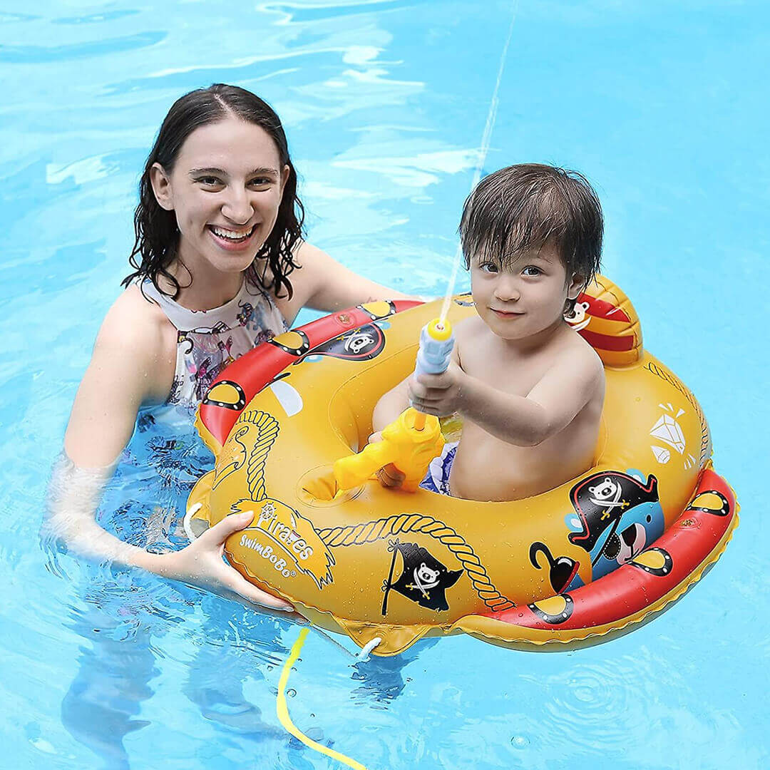Swimbobo pirate inflatable float with detachable water sprayer.