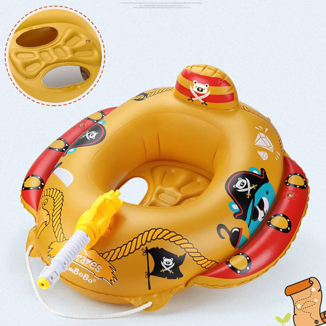 Kids inflatable pirate pool float with built-in safety features.