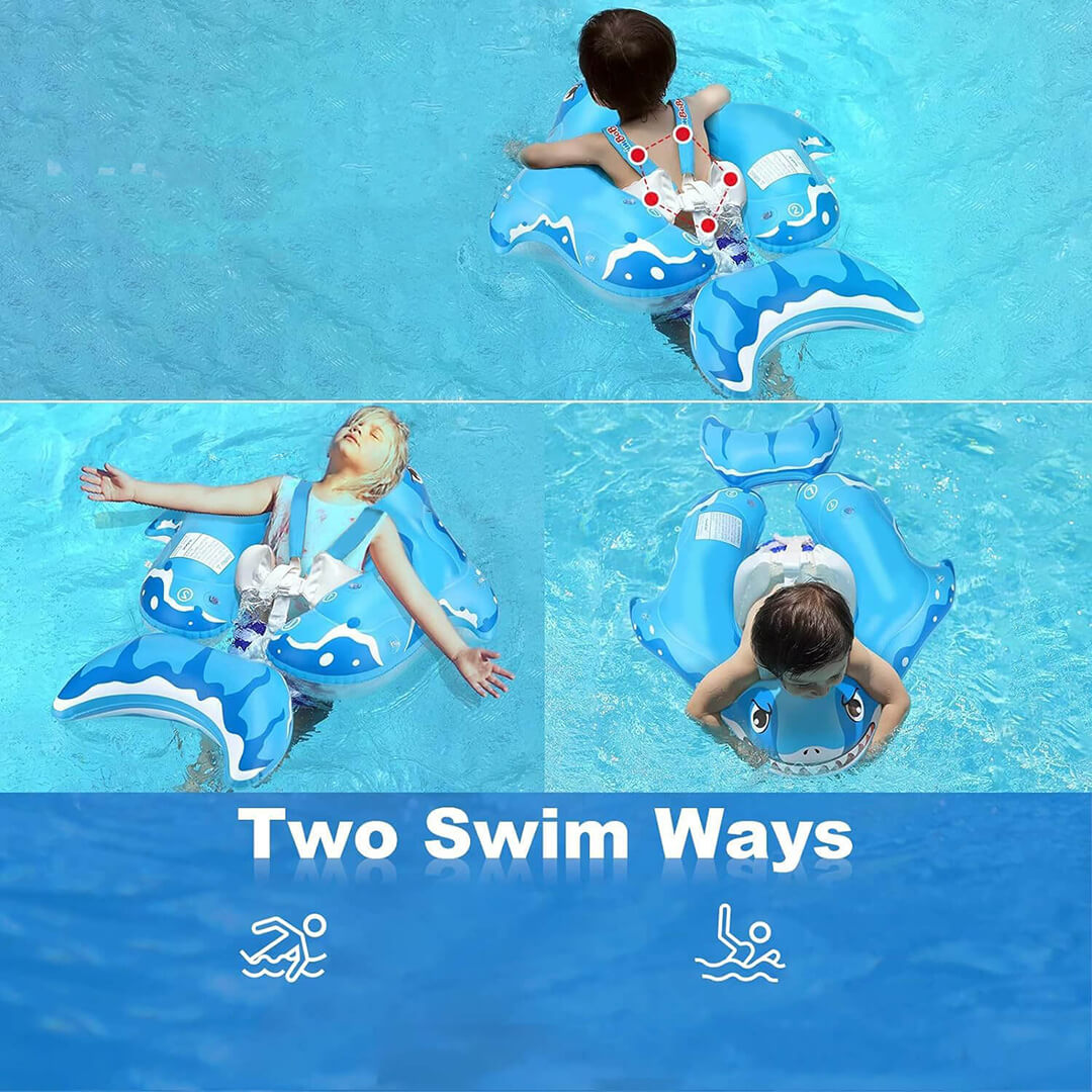 baby shark swim ring with sun canopy, two ways of swimming