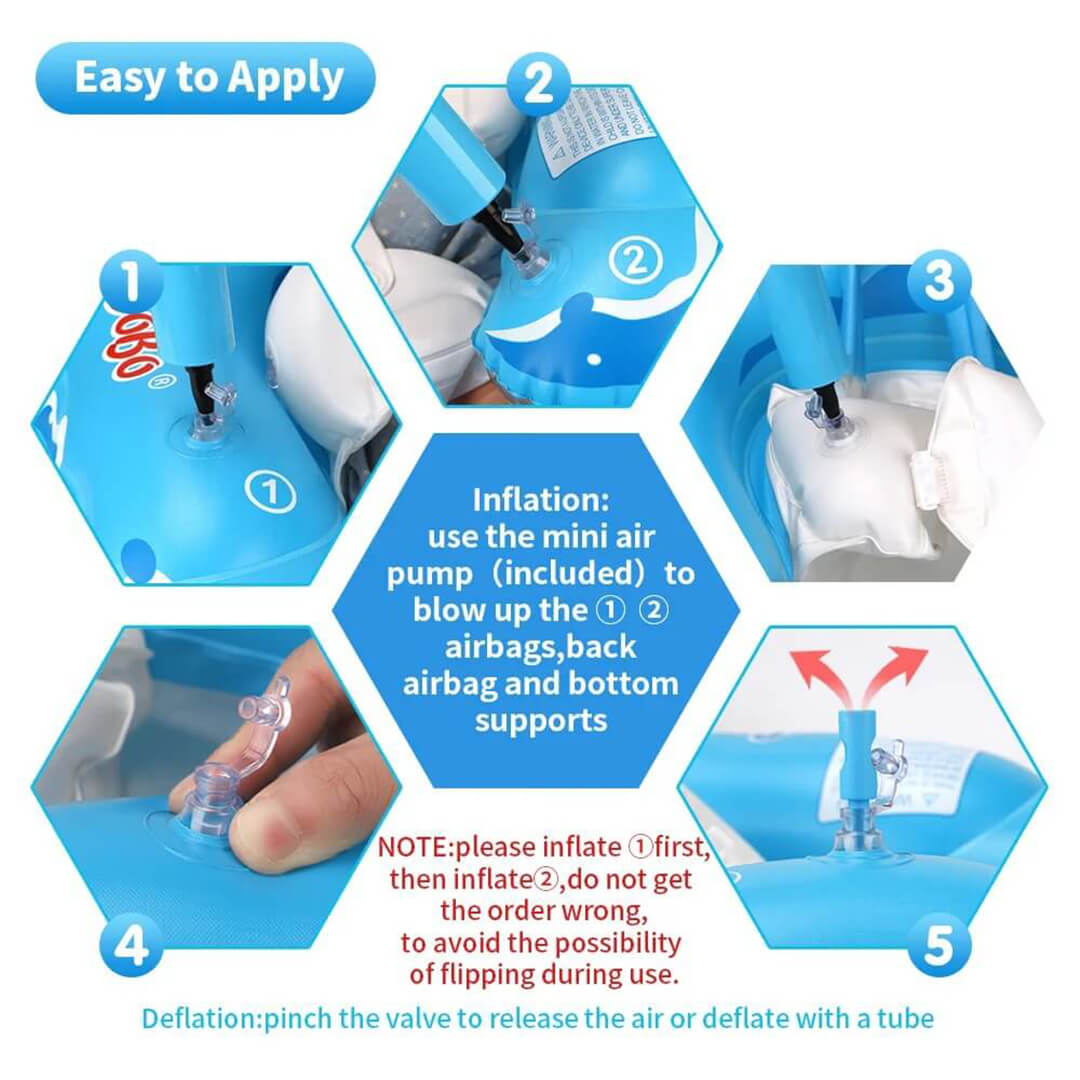 Shark baby float with adjustable support strap and inflator