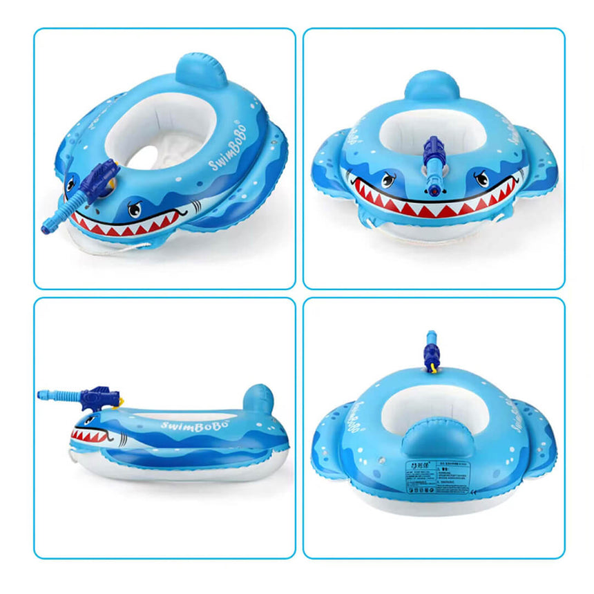 Swimbobo shark-themed pool float with removable water sprayer accessory.