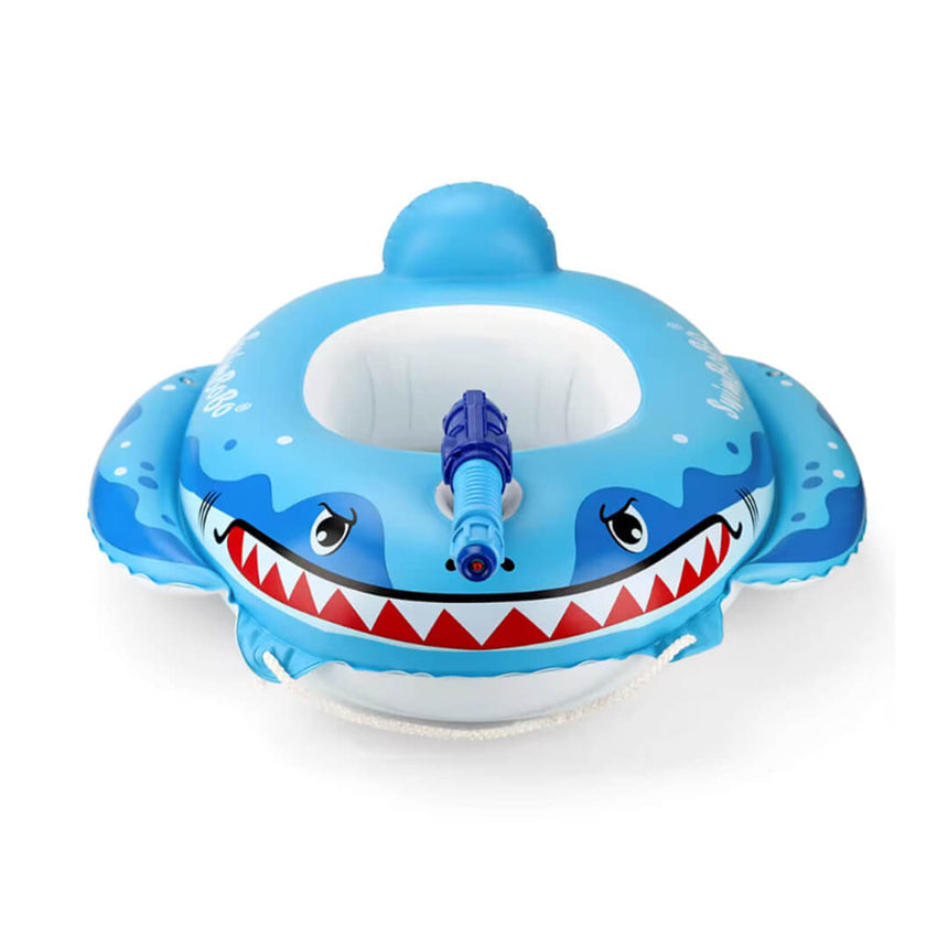 Kids inflatable shark pool float with bright colorful design.