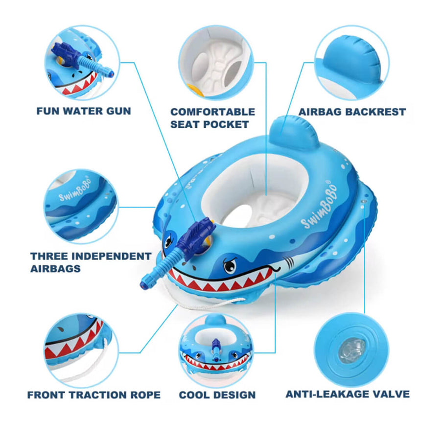 The Swimbobo shark swim ring with an interactive water sprayer.