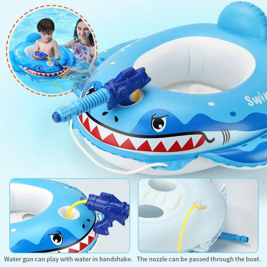 Portable shark swim float with quick inflation and deflation valves.