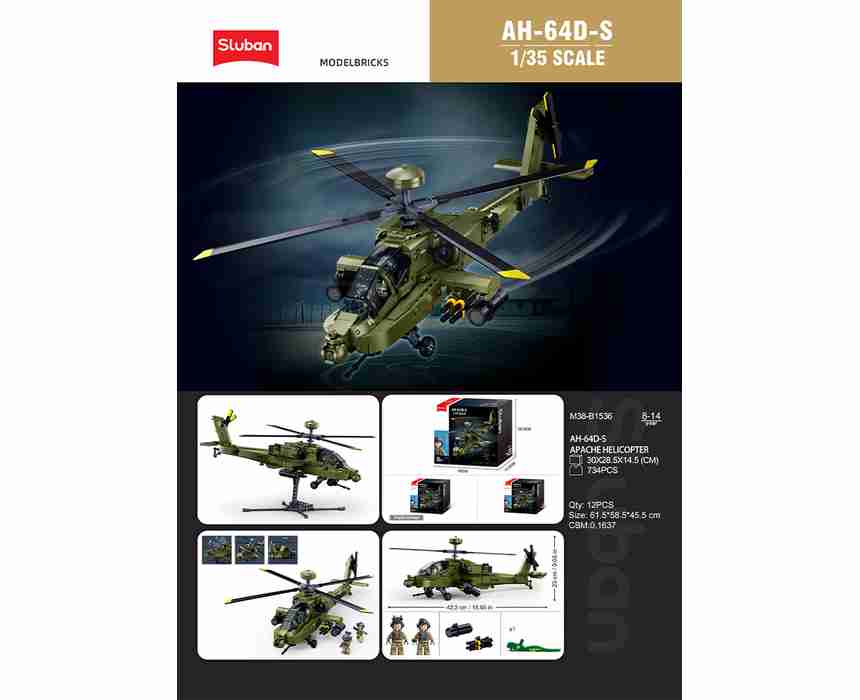 Sluban AH-64D Apache Helicopter Building Bricks, 728 Pieces