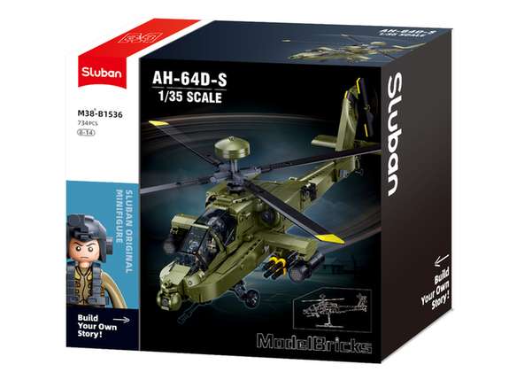 Sluban AH-64D Apache Helicopter Building Bricks, 728 Pieces