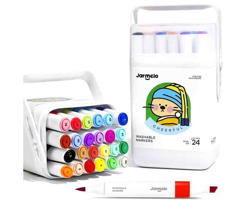 Jar Melo Washable Dual Tip Markers, Chisel and Brush Tip, 24 Colors