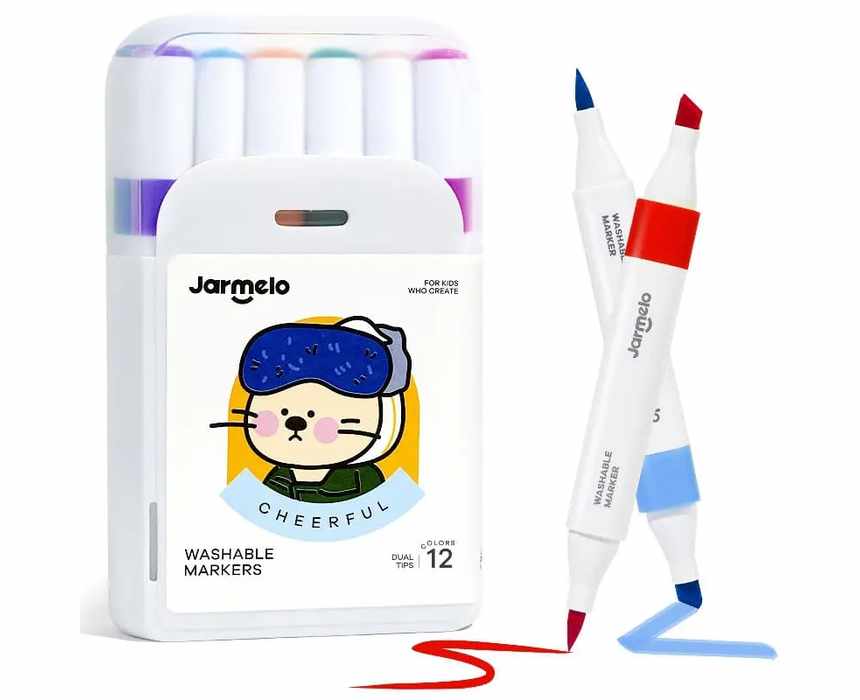 Jar Melo Washable Dual Tip Markers, Chisel and Brush Tip, 12 Colors