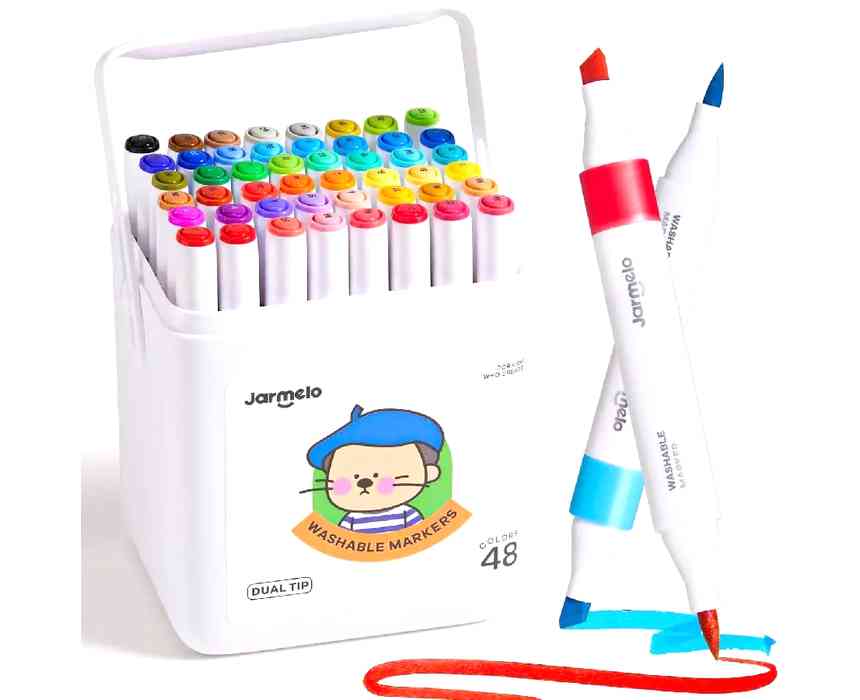 Jar Melo Washable Dual Tip Markers, Chisel and Brush Tip, 48 Colors
