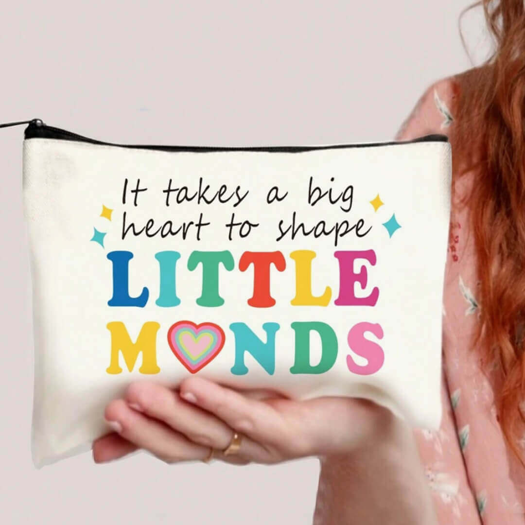 Teacher gift pouch for stationery and personal items; it takes a big heart to shape little minds.