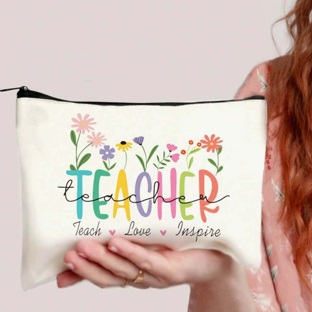 Teacher gift pouch for stationery and personal items,  teach, love, inspire.