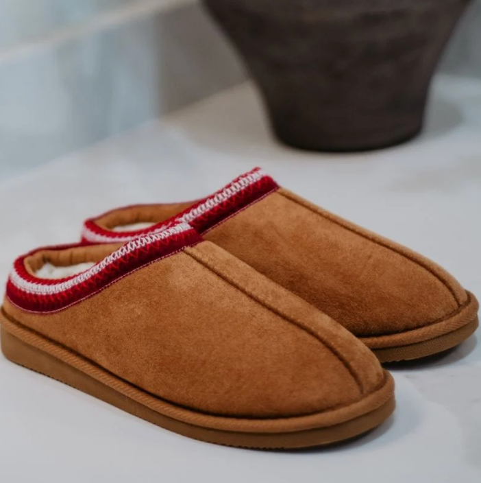Chestnut Embroidered Slip On Slippers