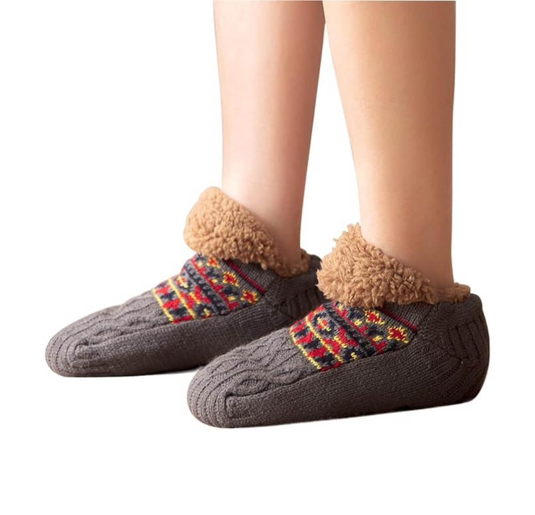 Gray slippers with colorful patterns and fuzzy cuffs for indoor comfort