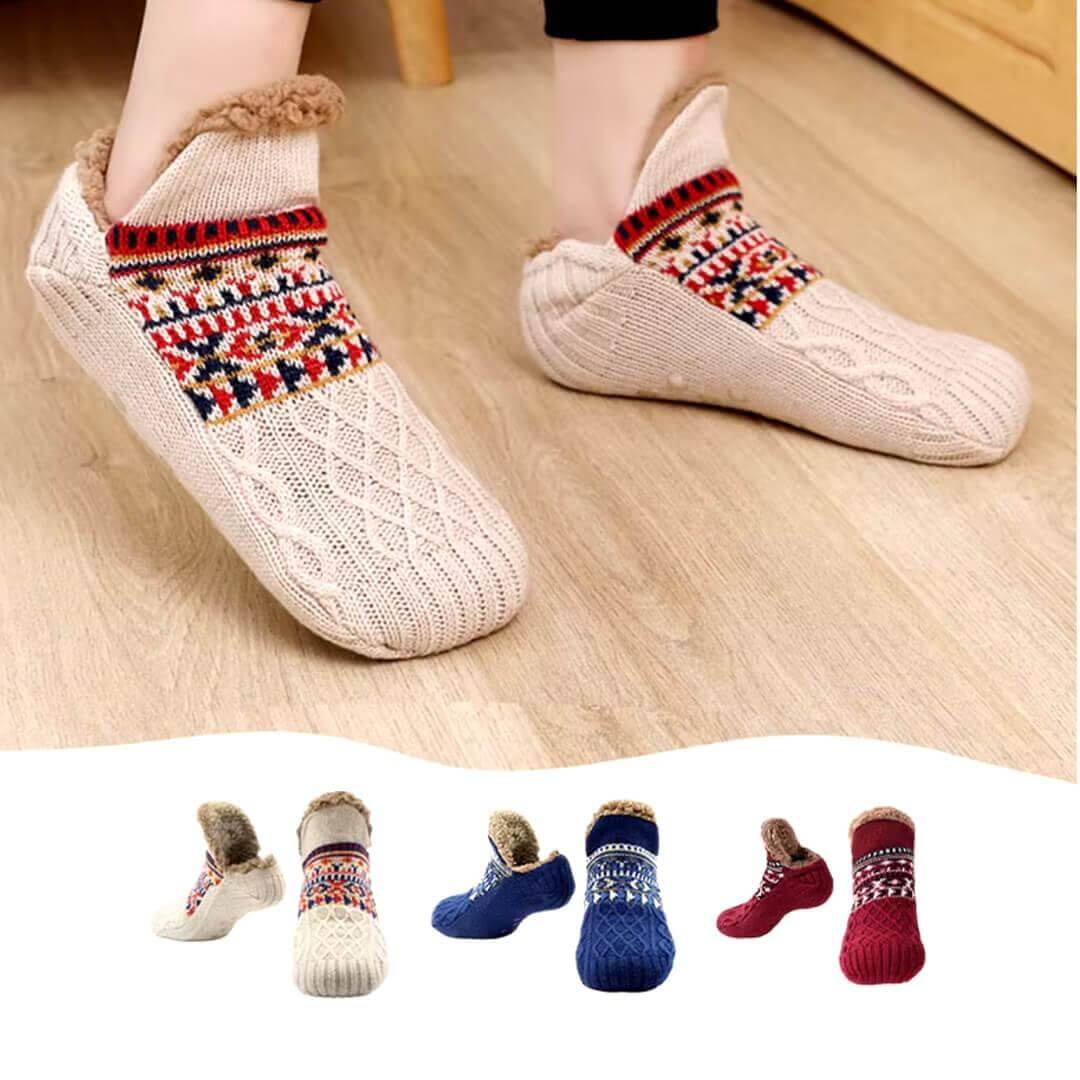Beige fleece slipper boot socks with cable-knit design