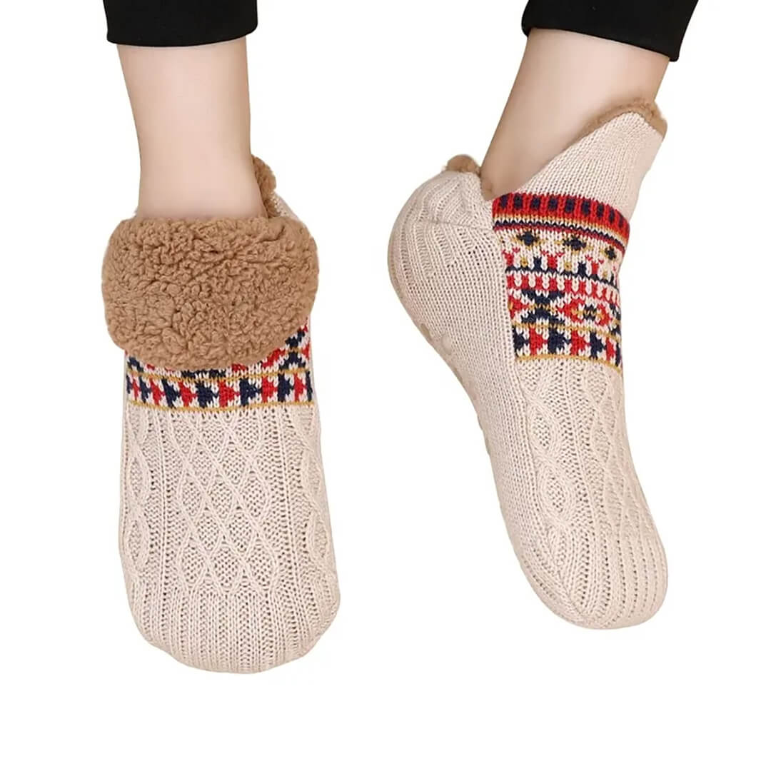 Soft and thick beige slipper socks with non-slip soles