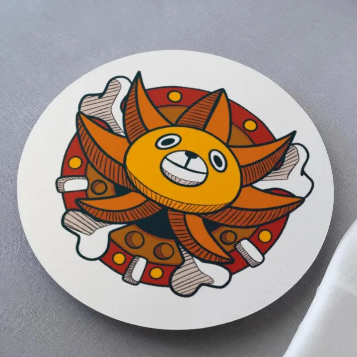 A colorful coaster with a design of the character Thousand Sunny from the anime One Piece.