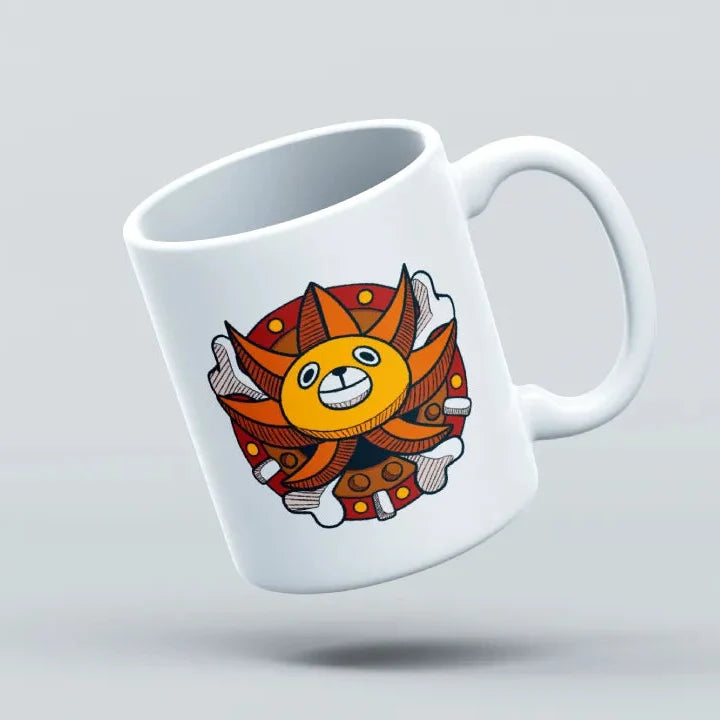 A white ceramic mug with a Thousand Sunny design featuring the Straw Hats' ship from the anime One Piece.