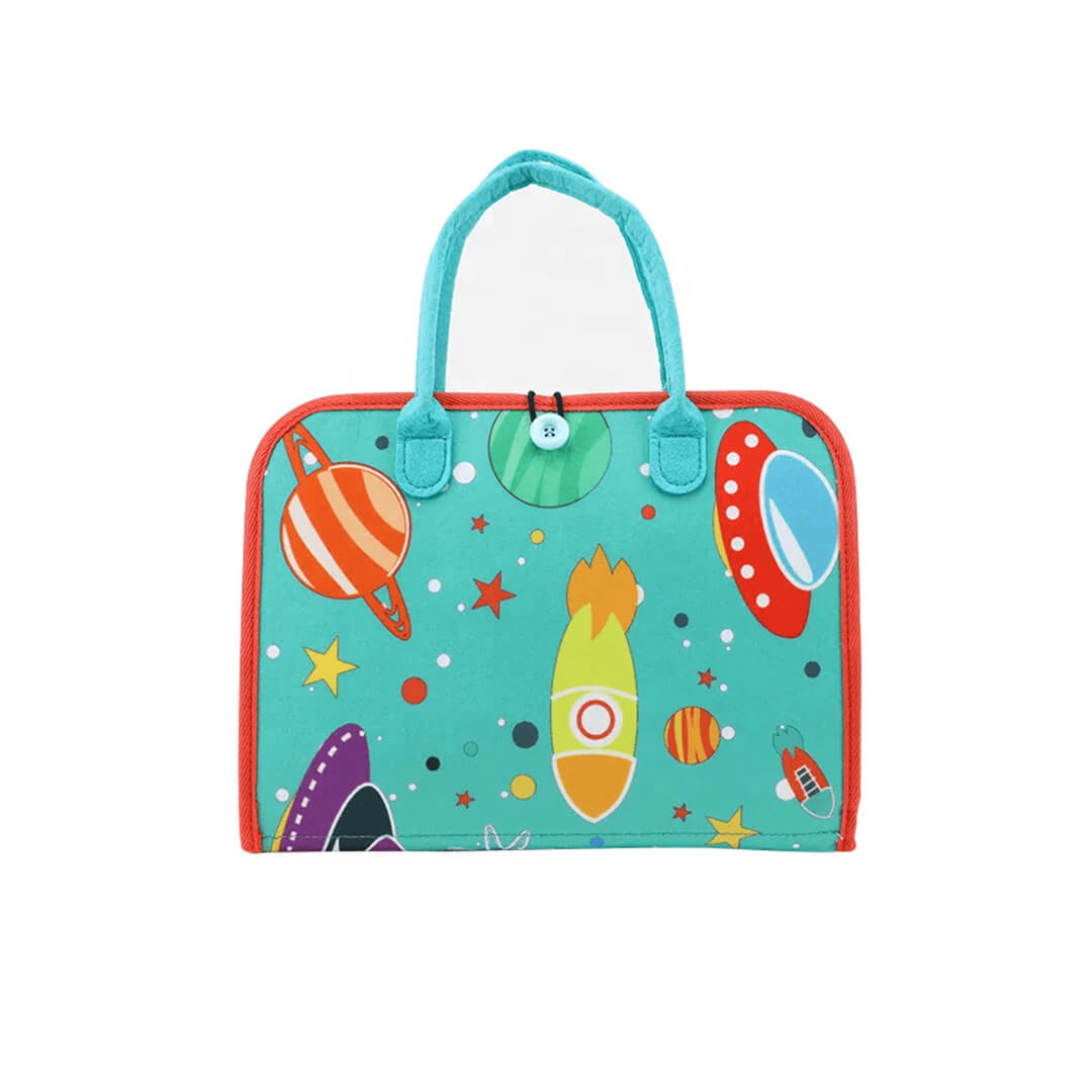 space-themed educational busy board for toddlers