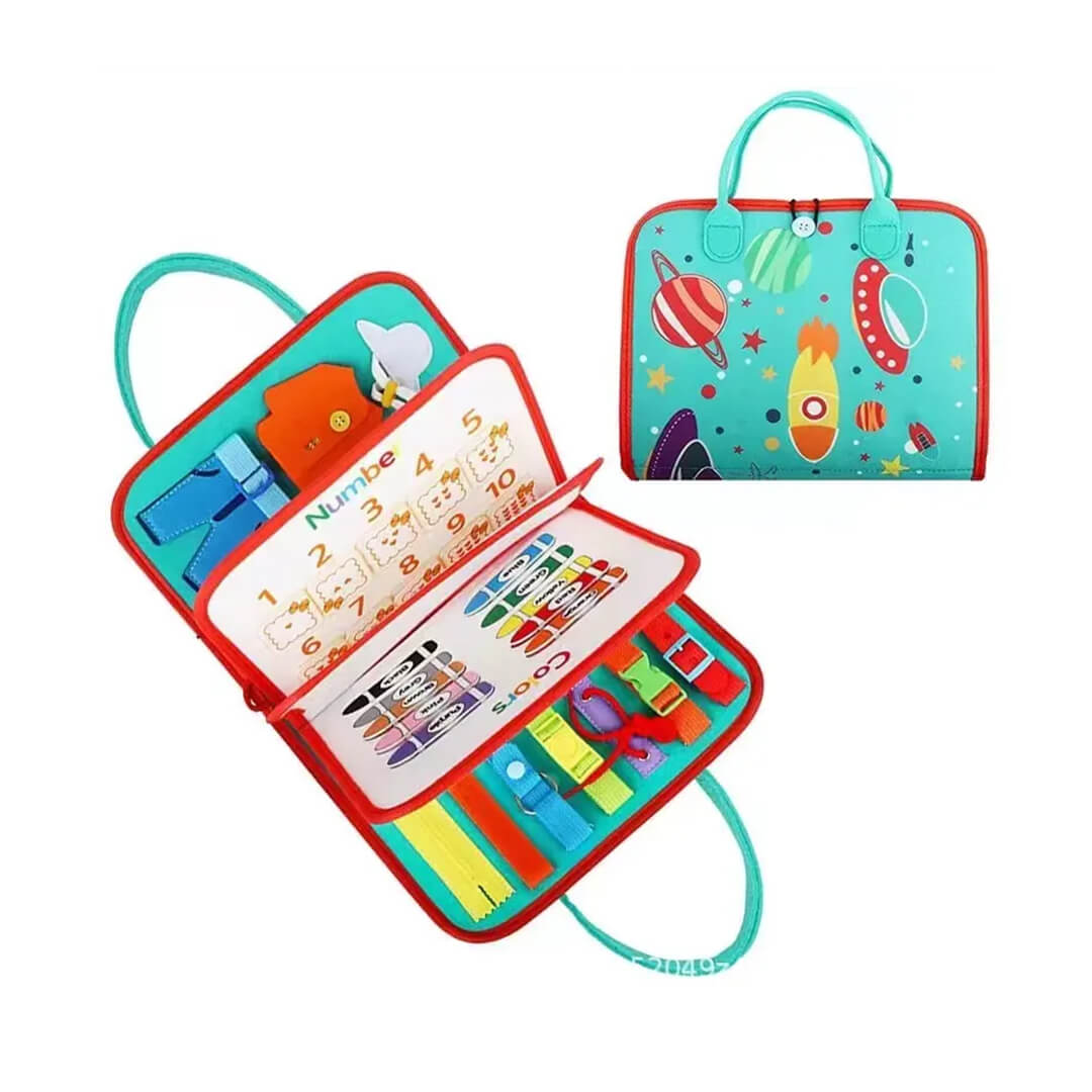 Toddler activity board with buttons, zippers and laces, space theme