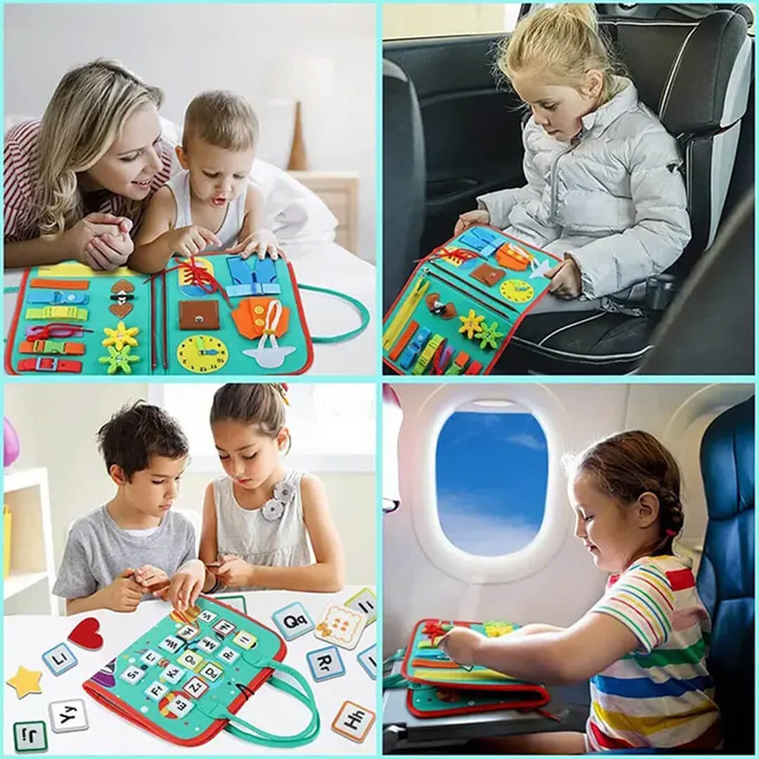 Travel space-theme activity board for fine motor skill enhancement