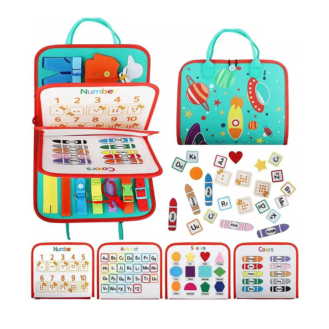 Space-theme toddler busy board for learning numbers and letters