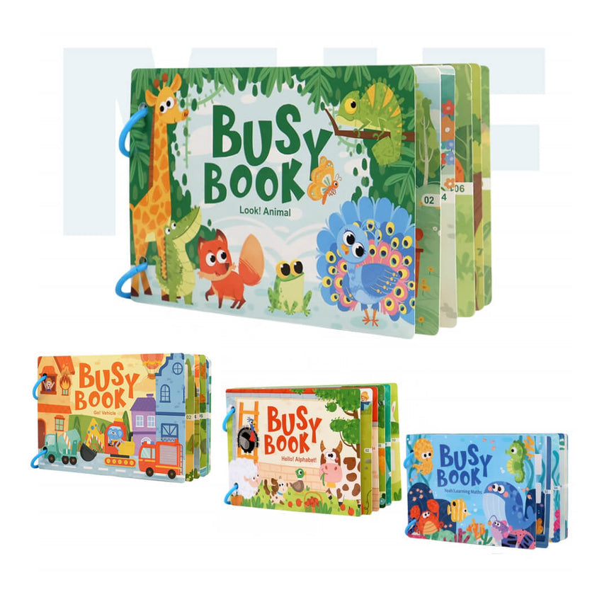Montessori toddler busy book with hands-on learning activities