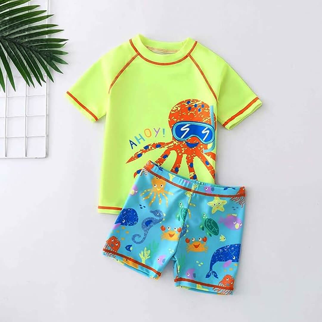 Boys' octopus swim set with green top and blue sea-print shorts