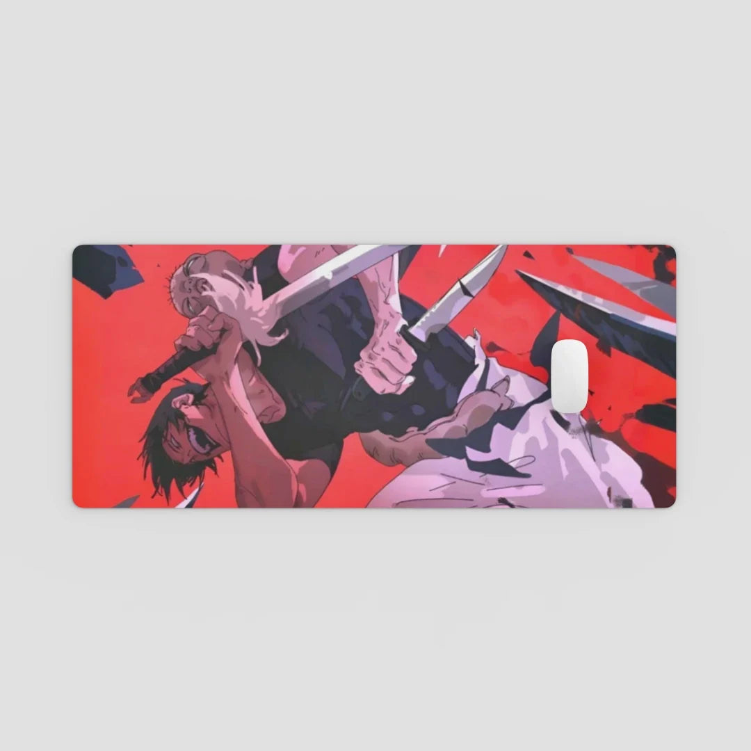 Mouse pad with anime-style design of two characters in a fight on a red background