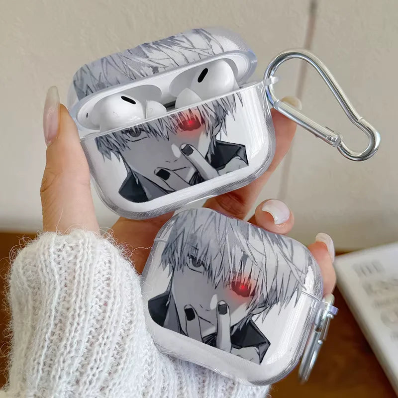Anime-themed AirPod case held by a person wearing a white knit sweater.