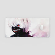 Anime character with white hair and red eyes on a phone case with a light gray background