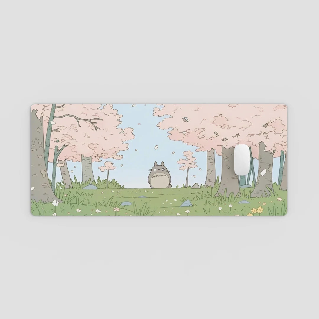 Illustration of a character in a forest with cherry blossom trees on a light gray background