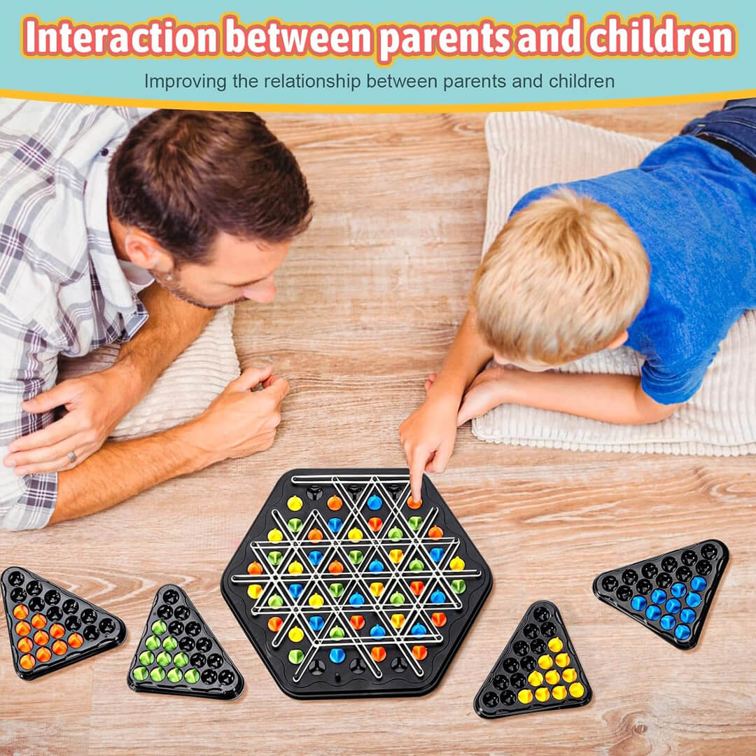 Triangle strategy game with colorful pieces and rubber bands