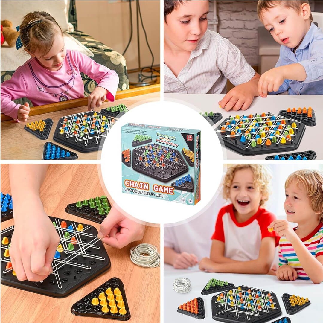 Triangle Chess game with rubber bands and colorful pieces