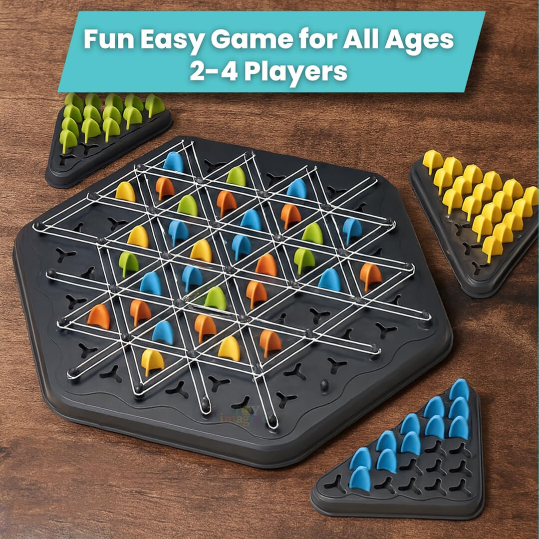Triangle geoboard strategy game with colorful player pieces