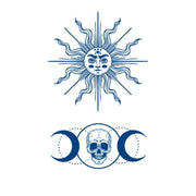 jagua tattoo with sun and moon with skull design on a white background