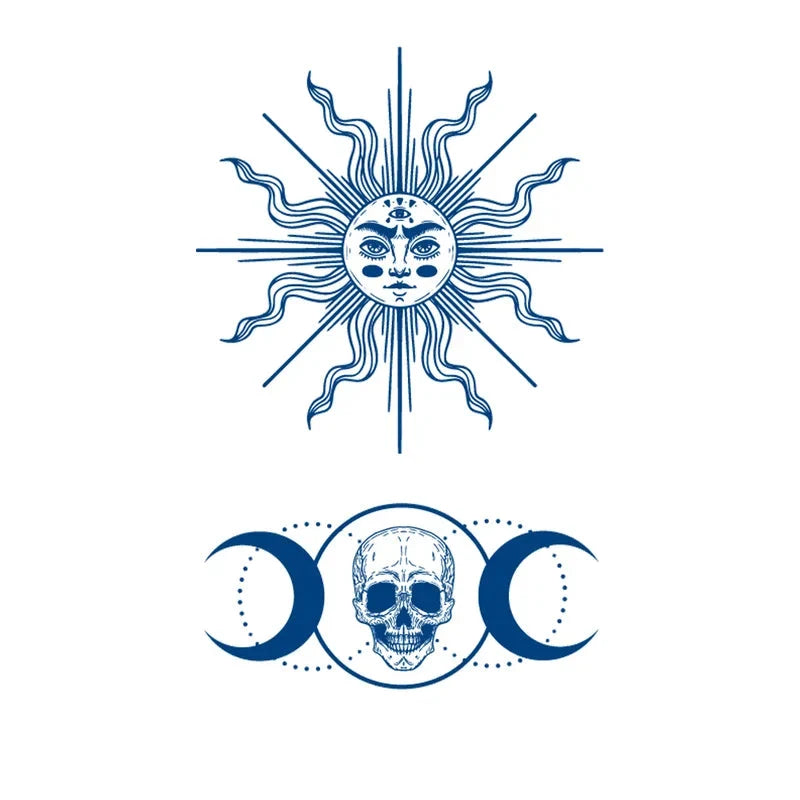 jagua tattoo with sun and moon with skull design on a white background