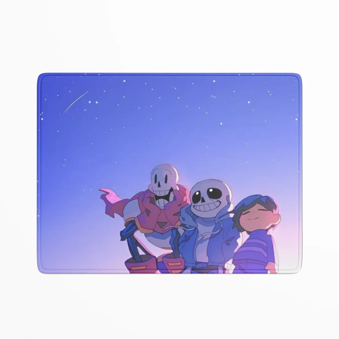 Three animated characters standing together against a starry night sky background