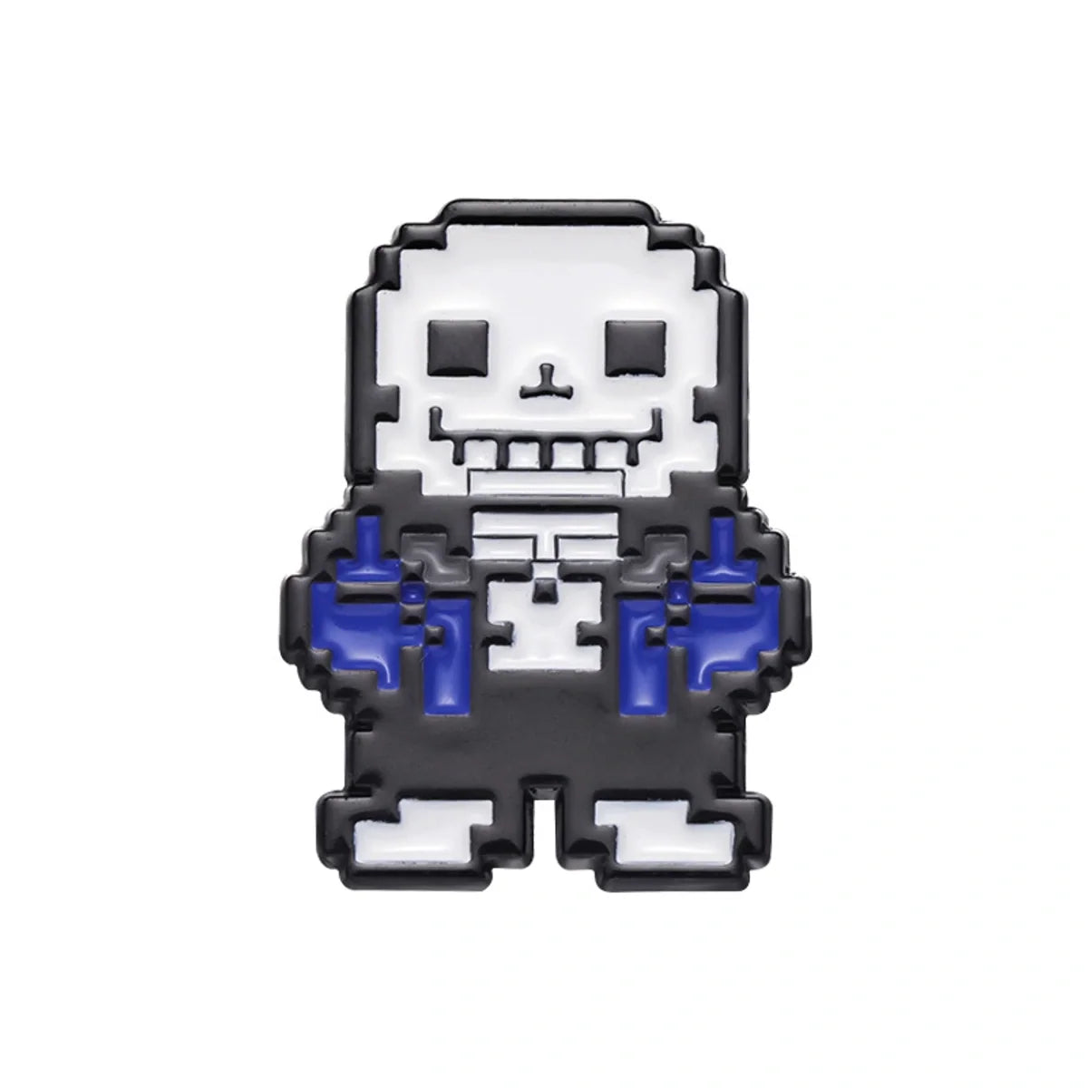 Pixel art enamel pin of Sans from Undertale, featuring a white pixelated skull and torso with blue hands and a black outline, on a solid white background.