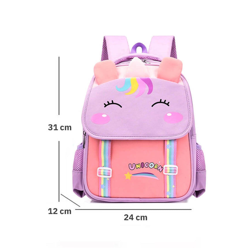 Purple and pink unicorn backpack dimensions for girls ages 3 to 7 years
