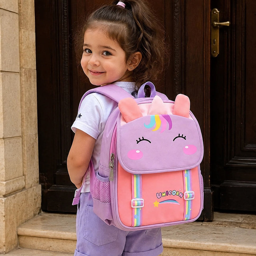 A young girl wearing a cute pastel purple and pink unicorn school backpack 