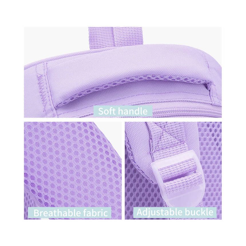 Detailed shot of the purple unicorn backpack for toddlers