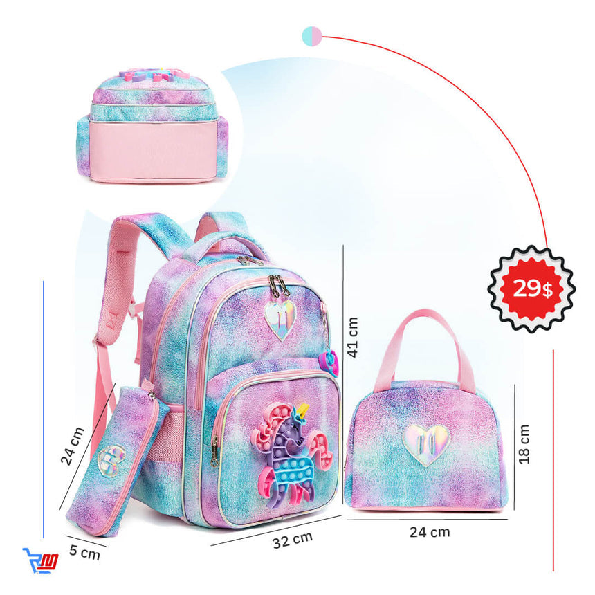 Unicorn pop-it backpack set dimensions for grade 1 to 4