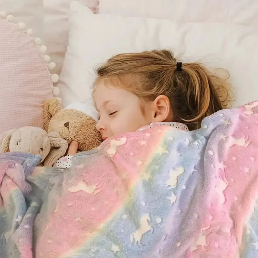 Rainbow Unicorn glow-in-the-dark plush blanket